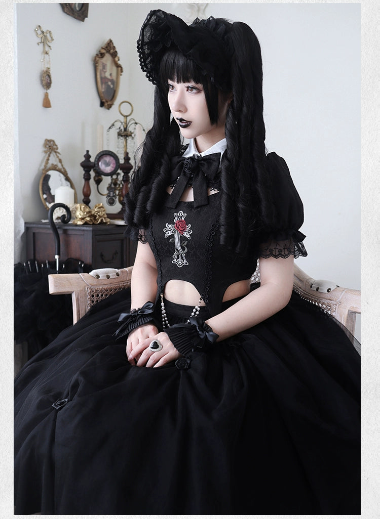 With PUJI~Evil Flower~Gothic Lolita Skirt Set Rose Embroidered Hollow Out Blouse   