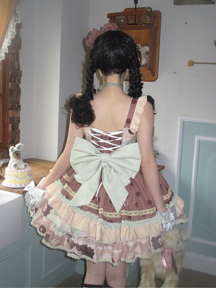 Mewroco~Cream Sugar~Sweet Lolita Flounce Hemline JSK free size (big bow on back) without brown 