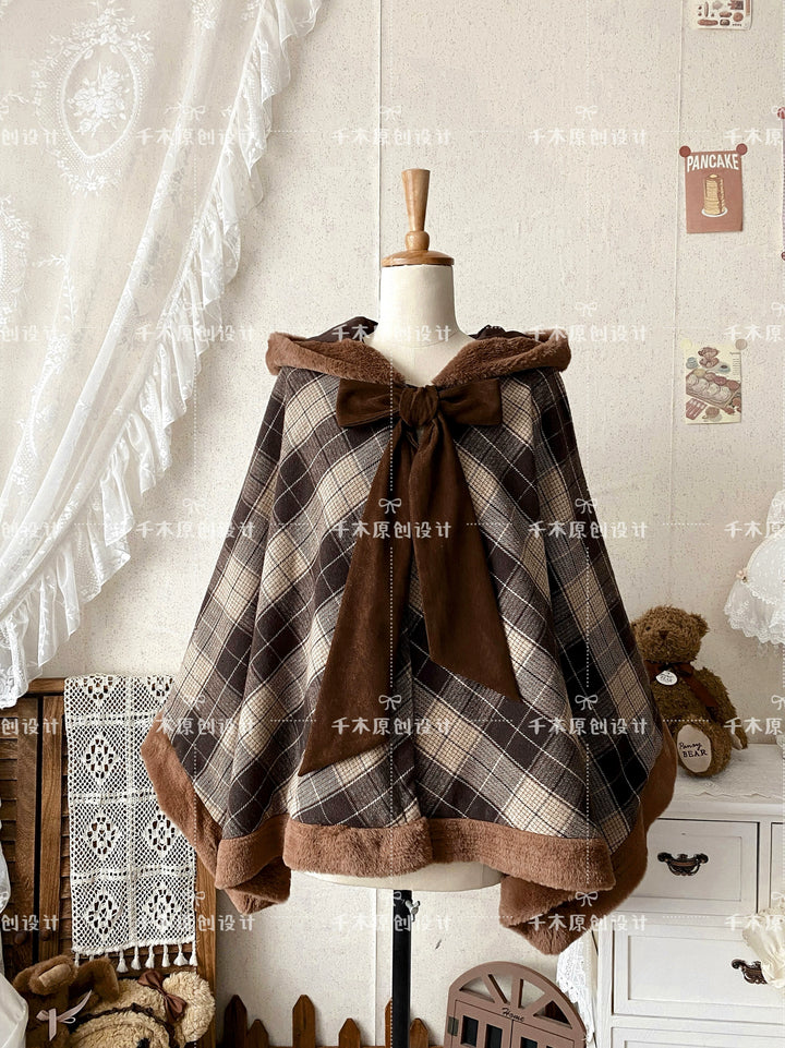 Qianmu~Waffle~Kawaii Lolita Cape Daily Lolita Plaid Hoodie Cloak