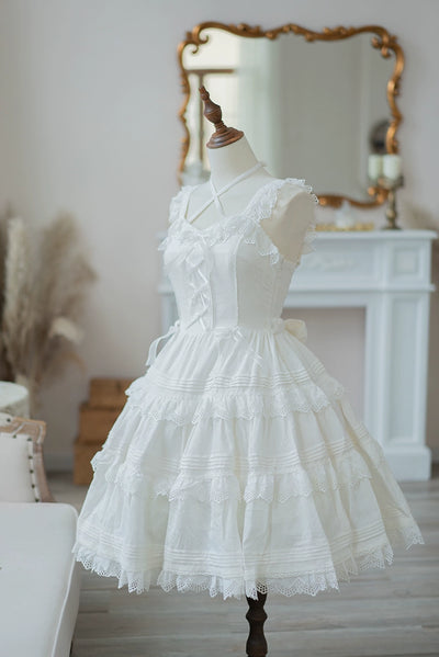 (BFM)LittleFairyTale~Cotton Lolita Dress Summer Jumper Skirt White X White S 