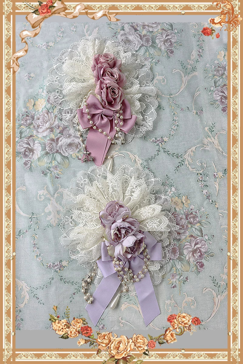 Elegant Lolita Hanamaru Hair Clip, Rose Bow & Pearl-like Chain 46096:874841