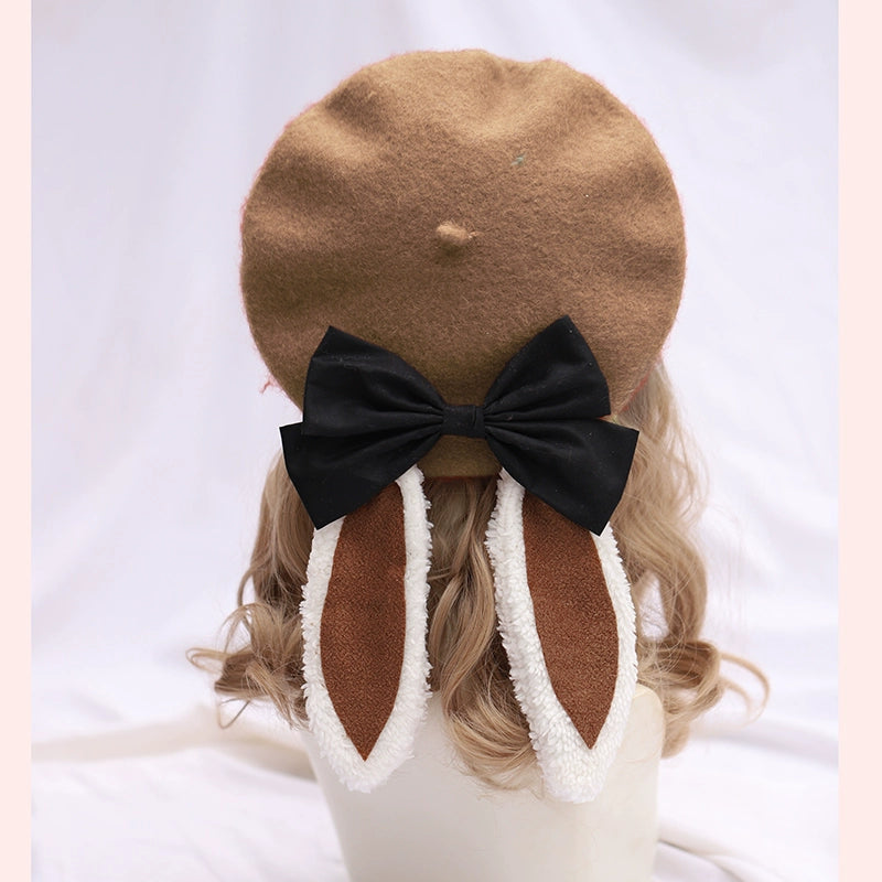 The Accessories' Story - Kawaii Lolita Beret, Detachable Bunny Ears & Bow (M / Khaki) 44235:800167