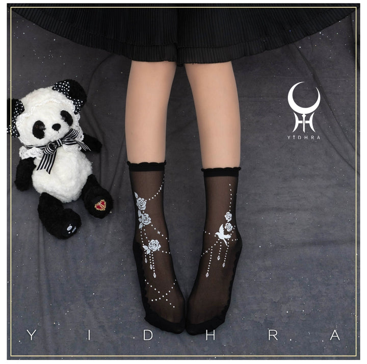 Yidhra~Nightingale and Rose~Gothic Lolita Socks Rose Lace Socks One size fits all Black - Normal version 