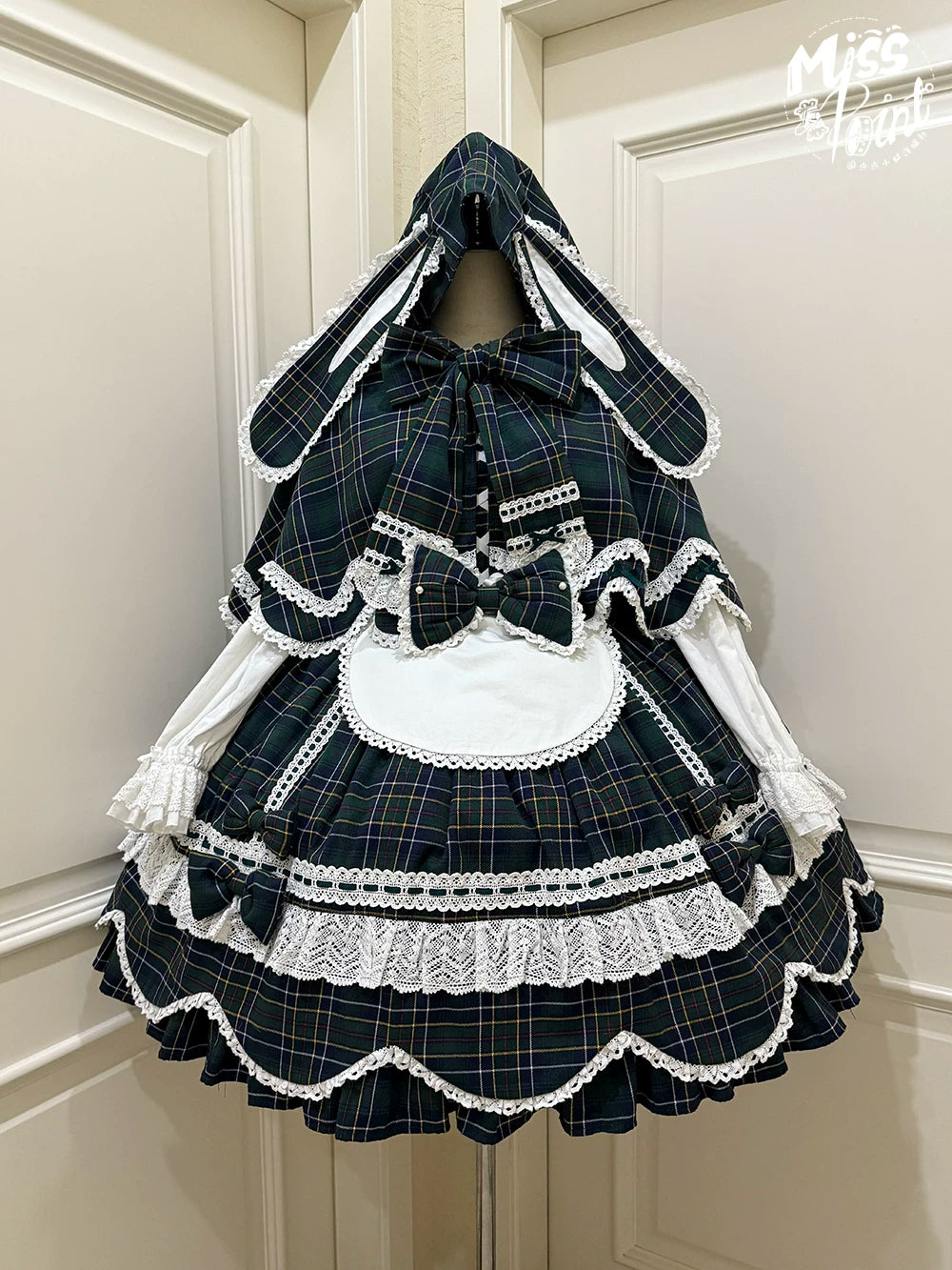 Plaid Petal Bunny - Old School Lolita Bunny Ear Cape, Lace-trimmed Petal Hem 45983:870729