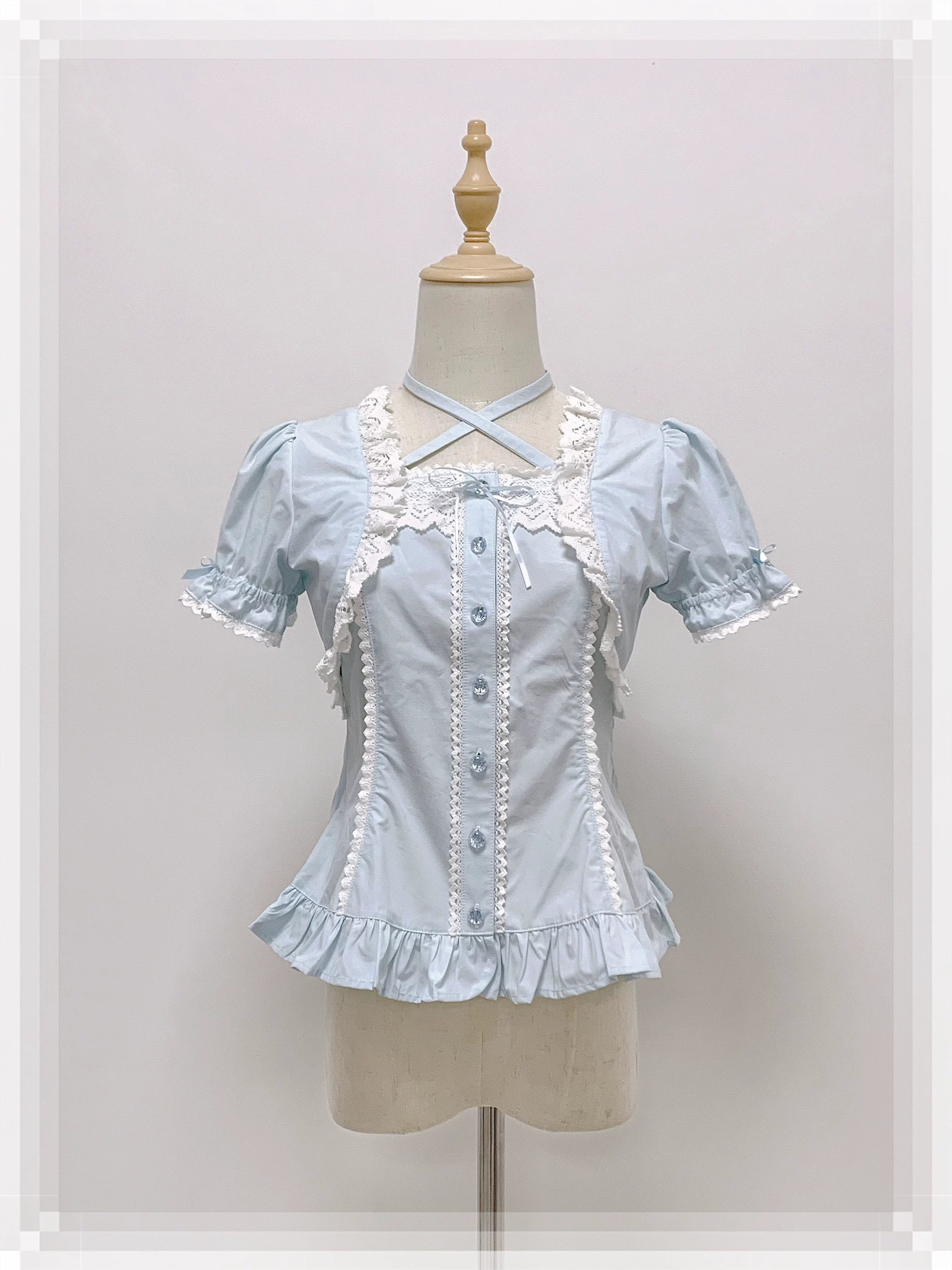 Haruhime Momoko - Old School Lolita Blue Cotton Blouse, Cross Halter Neck (L M S XL) 45749:860724