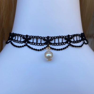 (BFM)BeiBei Handmade~Kawaii Lolita Cuffs Hand Sleeves Lace Bracelet Black choker with a white pearl  
