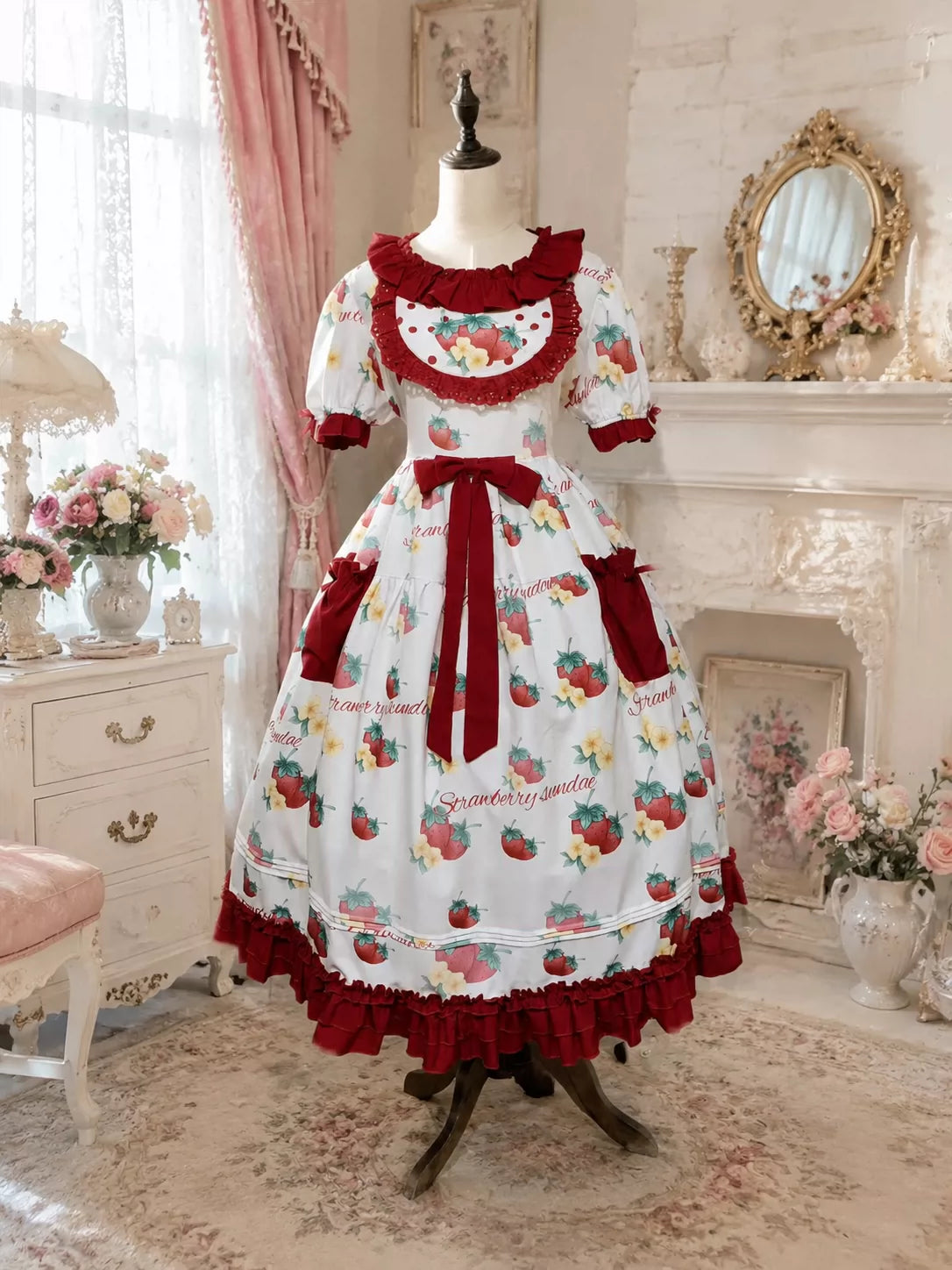 Sweet Berry Tidings - Plus Size Sweet Lolita OP Dress, Strawberry Print 45851:865356