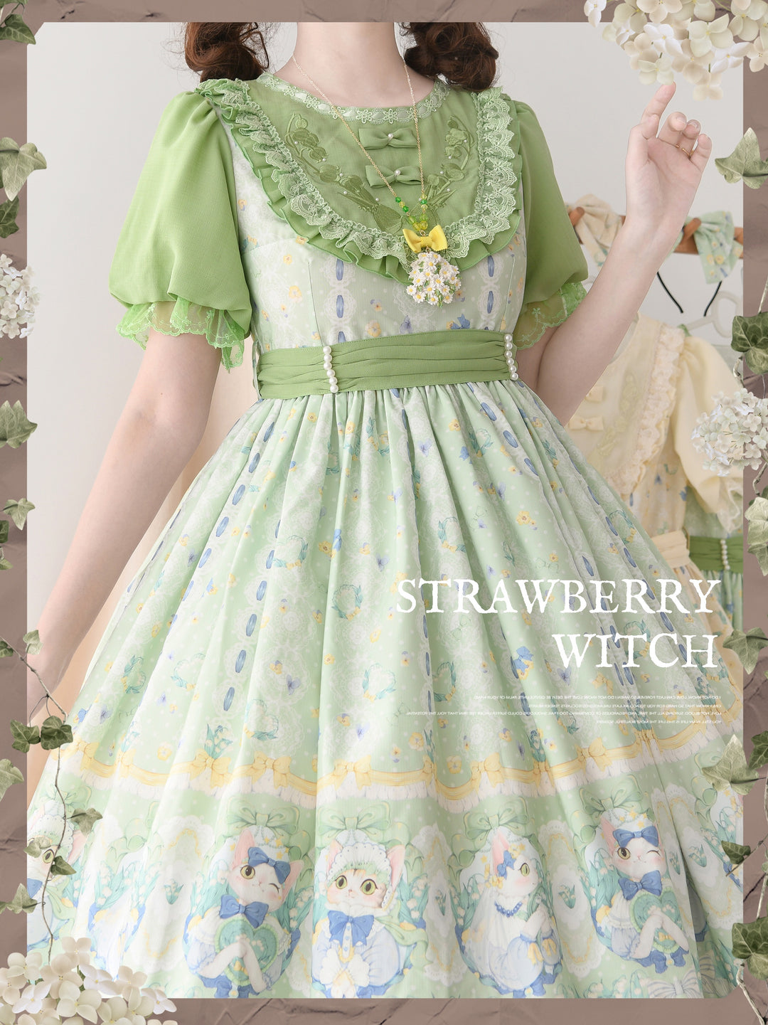 Strawberry Witch~Lily of the Valley Kitten~Country Lolita OP with Embroidery and Cat Print