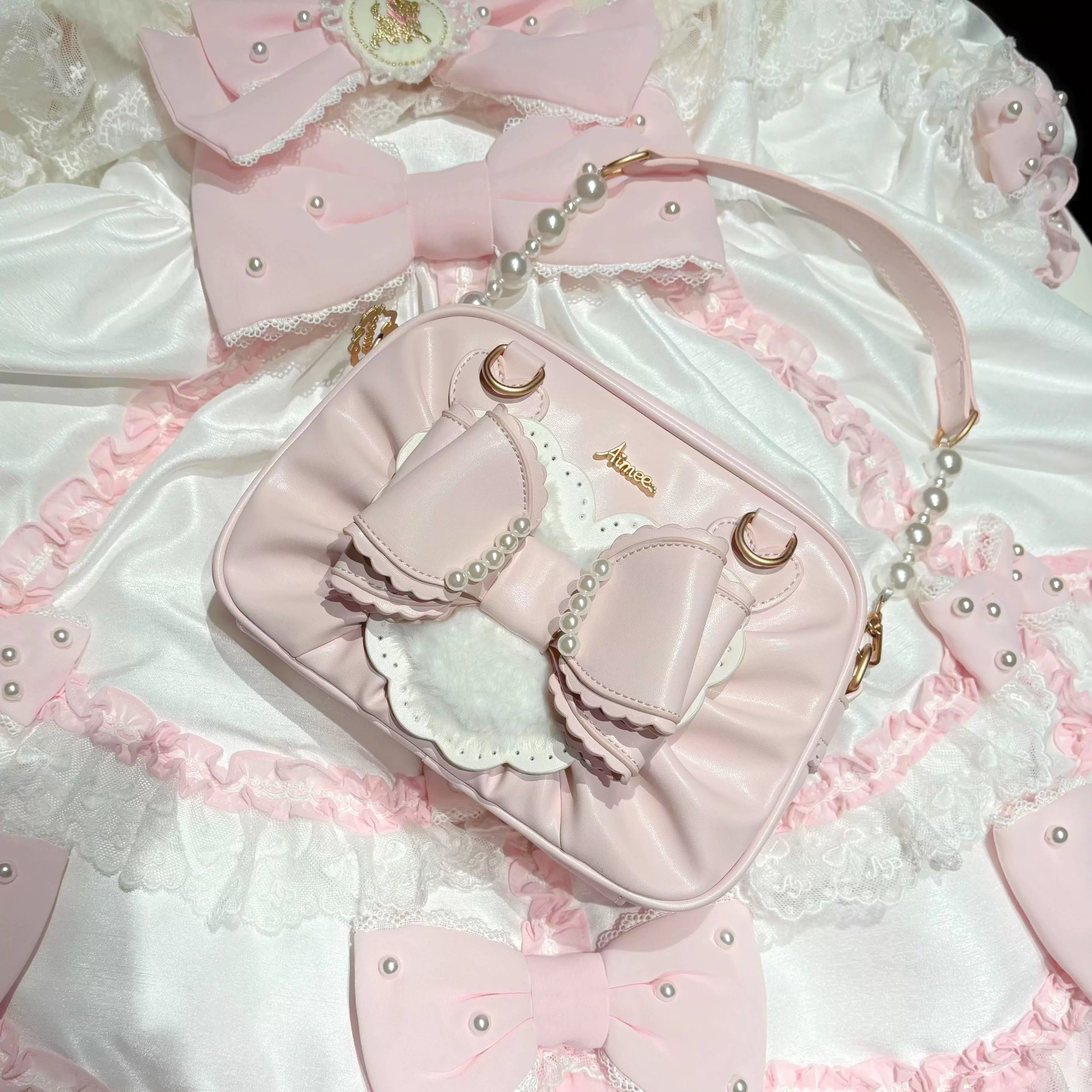 Aimee - Peach Cube Box - Sweet Lolita Pink Handbag, Bow & Pearl