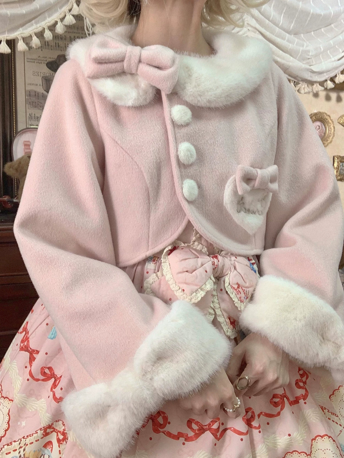 Rabbit Heart Knot - Sweet Lolita Winter Short Coat, Detachable Bunny-Ear Collar 45891:866857