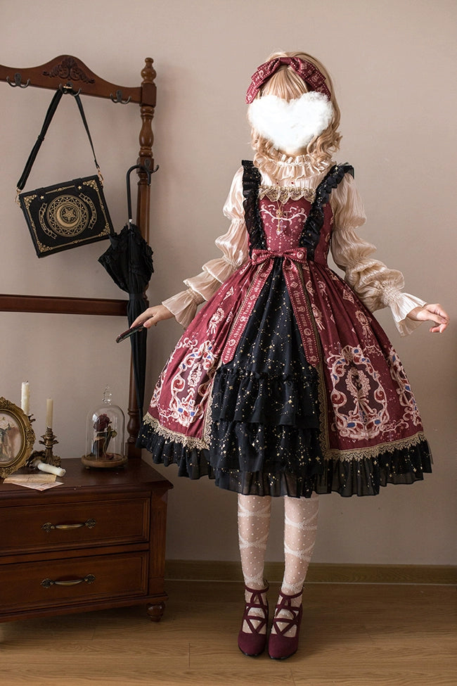 Cheese Cocoa~Star Drop Ceremony~Elegant Lolita JSK Printing Open Front Dress and Blouse Set S red JSK +beige inner wear + KC 
