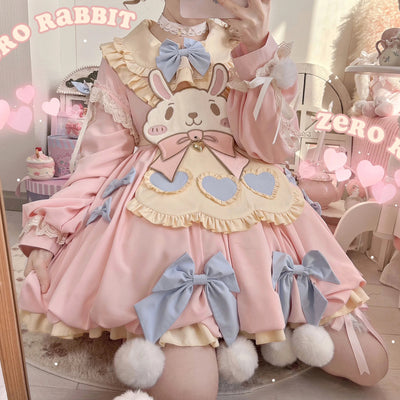 Cute Girl~Zero Card Rabbit~Kawaii Lolita OP Dress Long Sleeve Dress S Pink Bunny OP Set (with a pannier) 