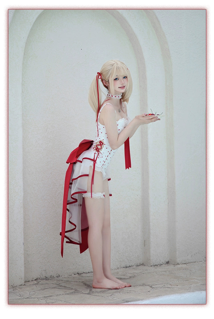 Tan Tuan~Heartbeat Melody~Red & White Lolita-Inspired Swimsuit Set 42997:761391