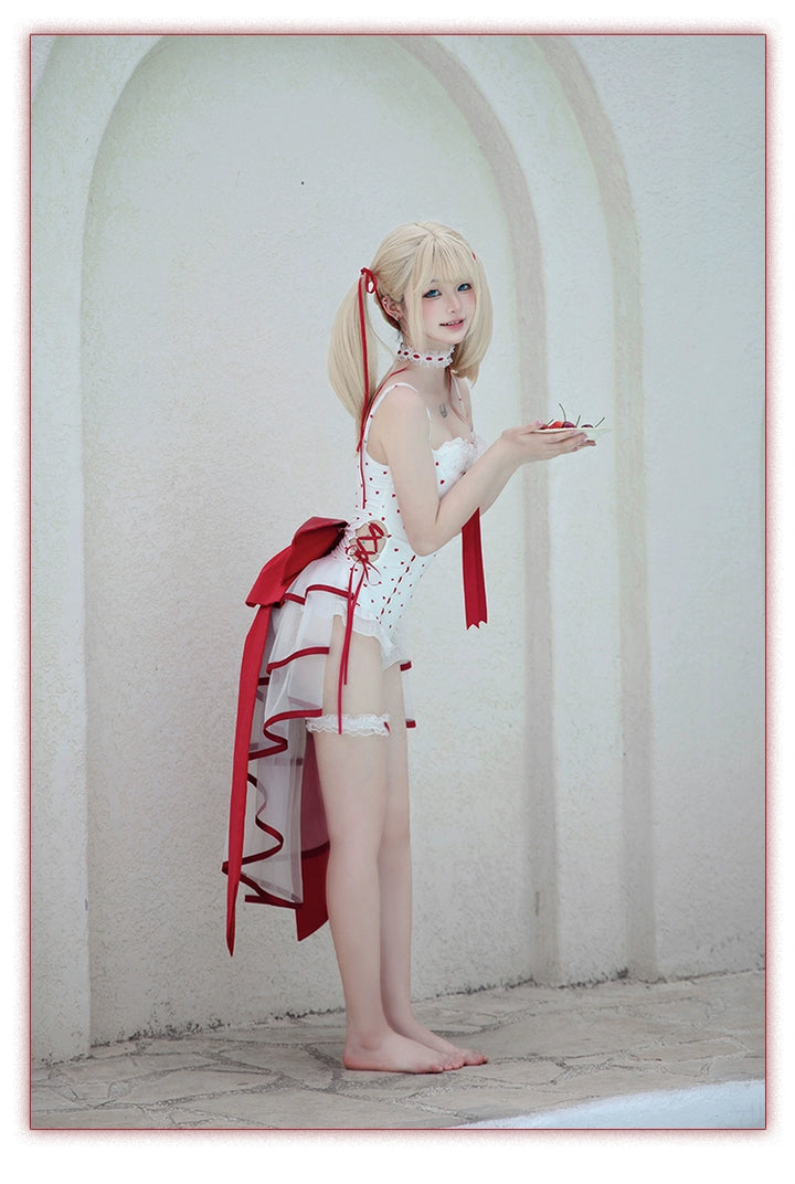 Tan Tuan~Heartbeat Melody~Red & White Lolita-Inspired Swimsuit Set 42997:761391