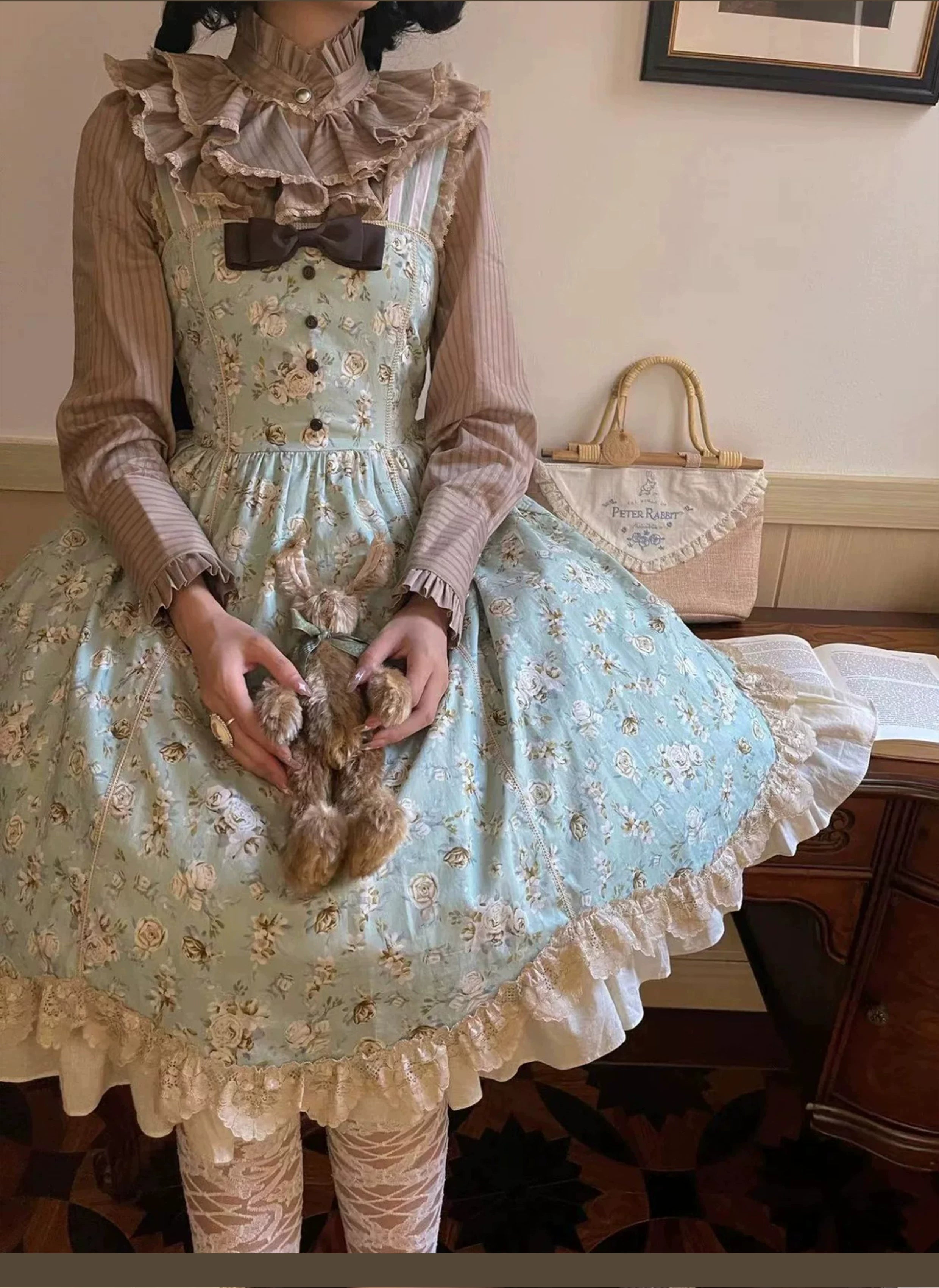 Wild Lotus Collection - Cotton Old School Lolita Dress, Floral Print (L M S XL XS) 45395:850805