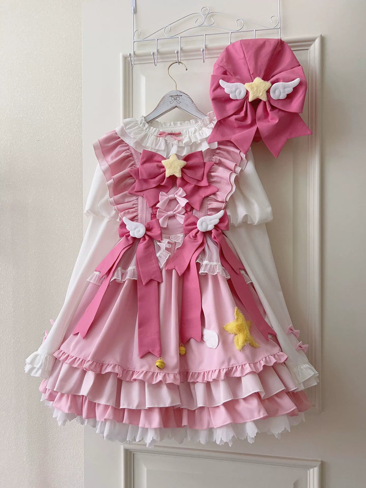 Sugar Girl~Little Star Wing~Sweet Lolita JSK Summer Lolita Dress S pink jsk+backing bow+hat 