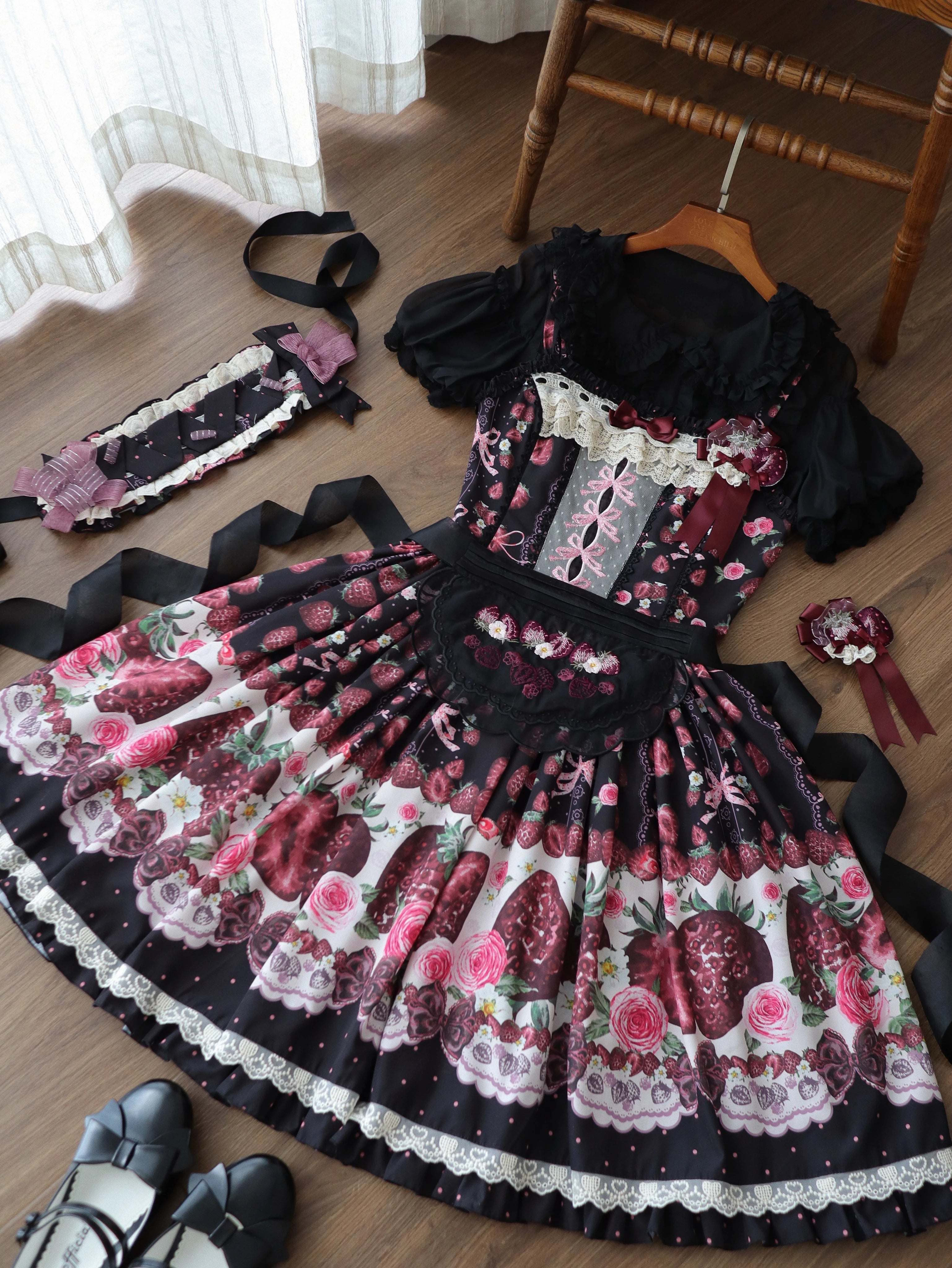 Dark Berry Fairytale - Cotton Sweet Lolita Strawberry Printed OP & JSK Dress (L M S XL) 45629:856414