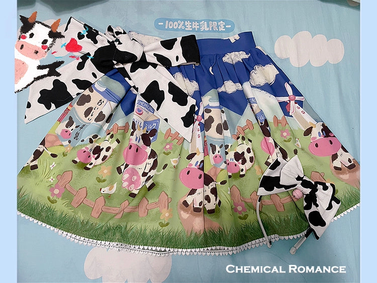 Chemical Romance~Sweetheart Farm~Sweet Lolita SK Cow Print Lolita Dress Long style (plain hemline) S Indigo