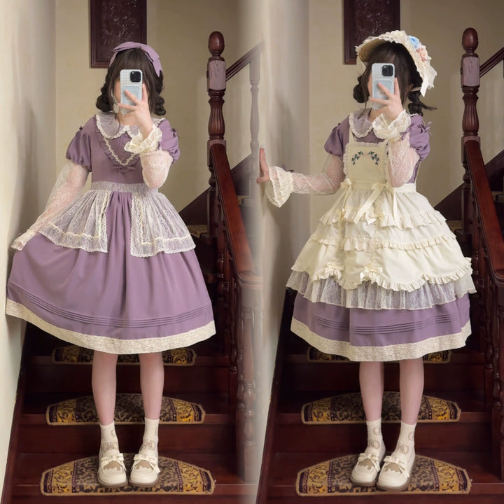 Uncle Wall Original~Mist among Flowers~Sweet Lolita OP Ruffles Lolita Apron and KC 40642:671544