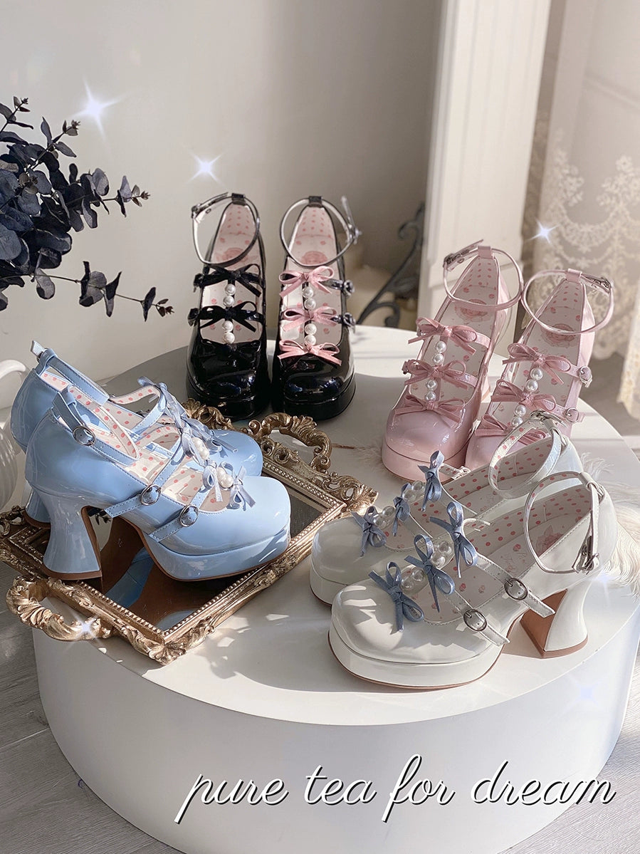 Pure Tea For Dream~Sweet Lolita Platform Pearl Bow Shoes   