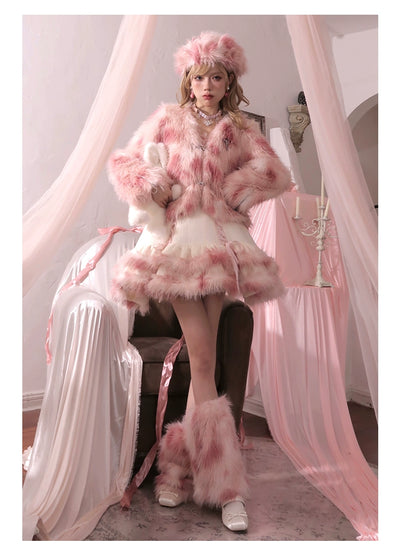 Urtto~Snow Song~Sweet Lolita Coat Pink Faux Fur Dress Set S set (JSK+ coat) 