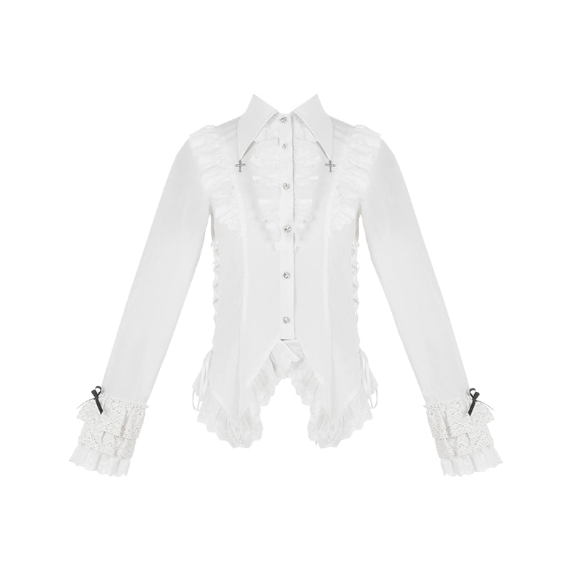 With PUJI - Black White Gothic Lolita Blouse, Waist Lace-Up S White Blouse