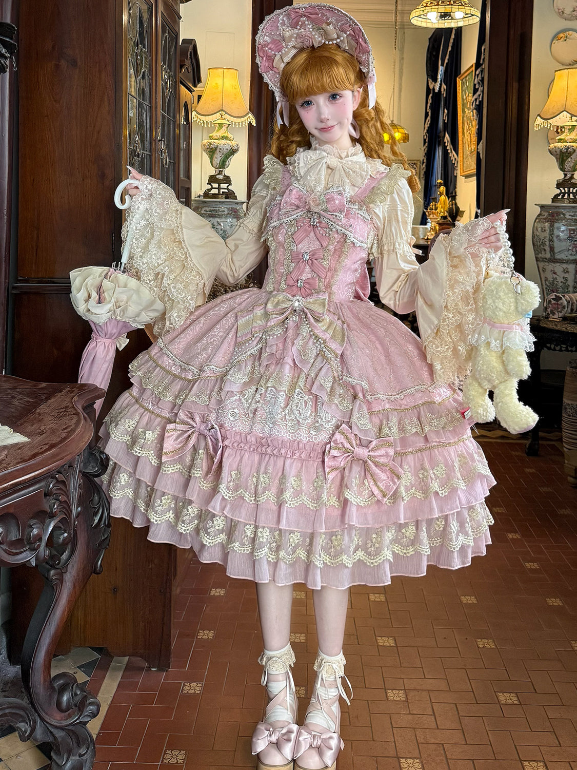 Hanguliang - Gem Crown - Sweet Lolita JSK Suit Tiered Ruffles Doll-Like Dress and BNT 42610:747529