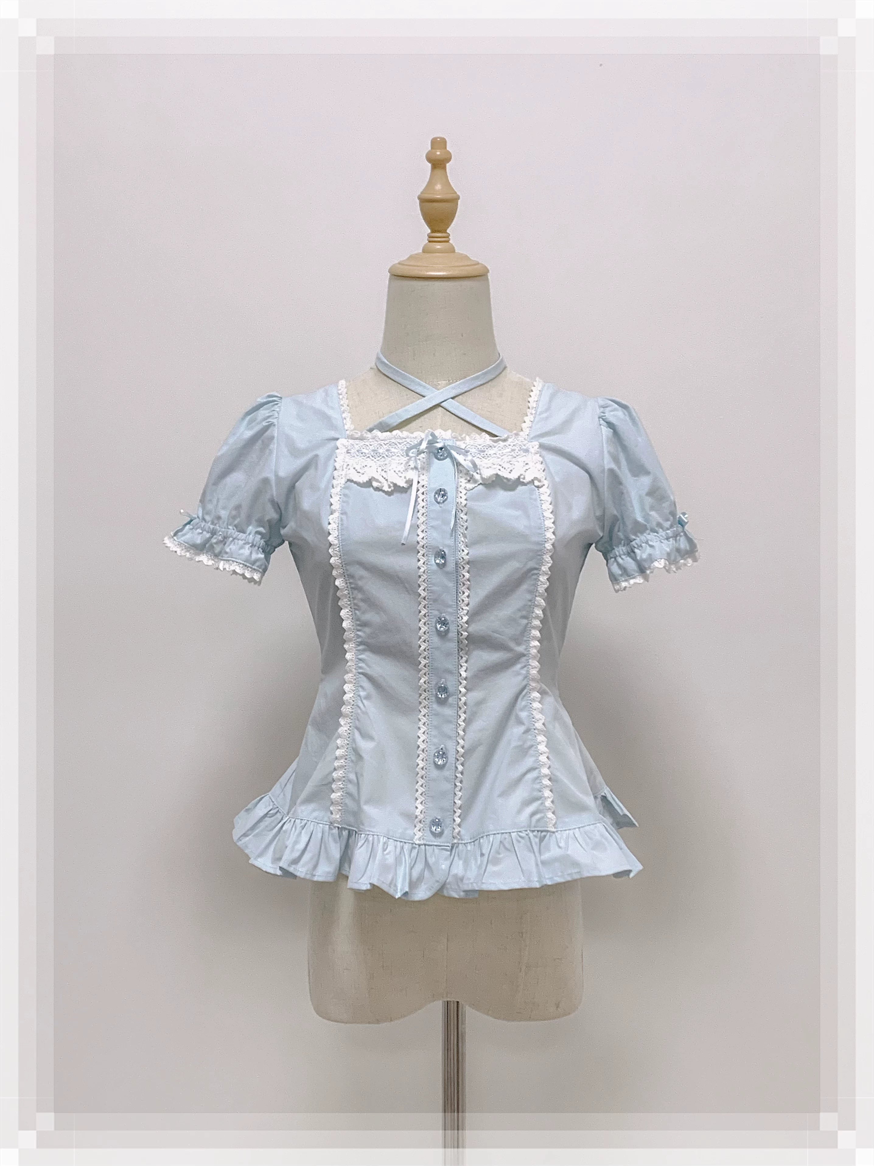 Haruhime Momoko - Old School Lolita Blue Cotton Blouse, Cross Halter Neck (L M S XL) 45749:860723