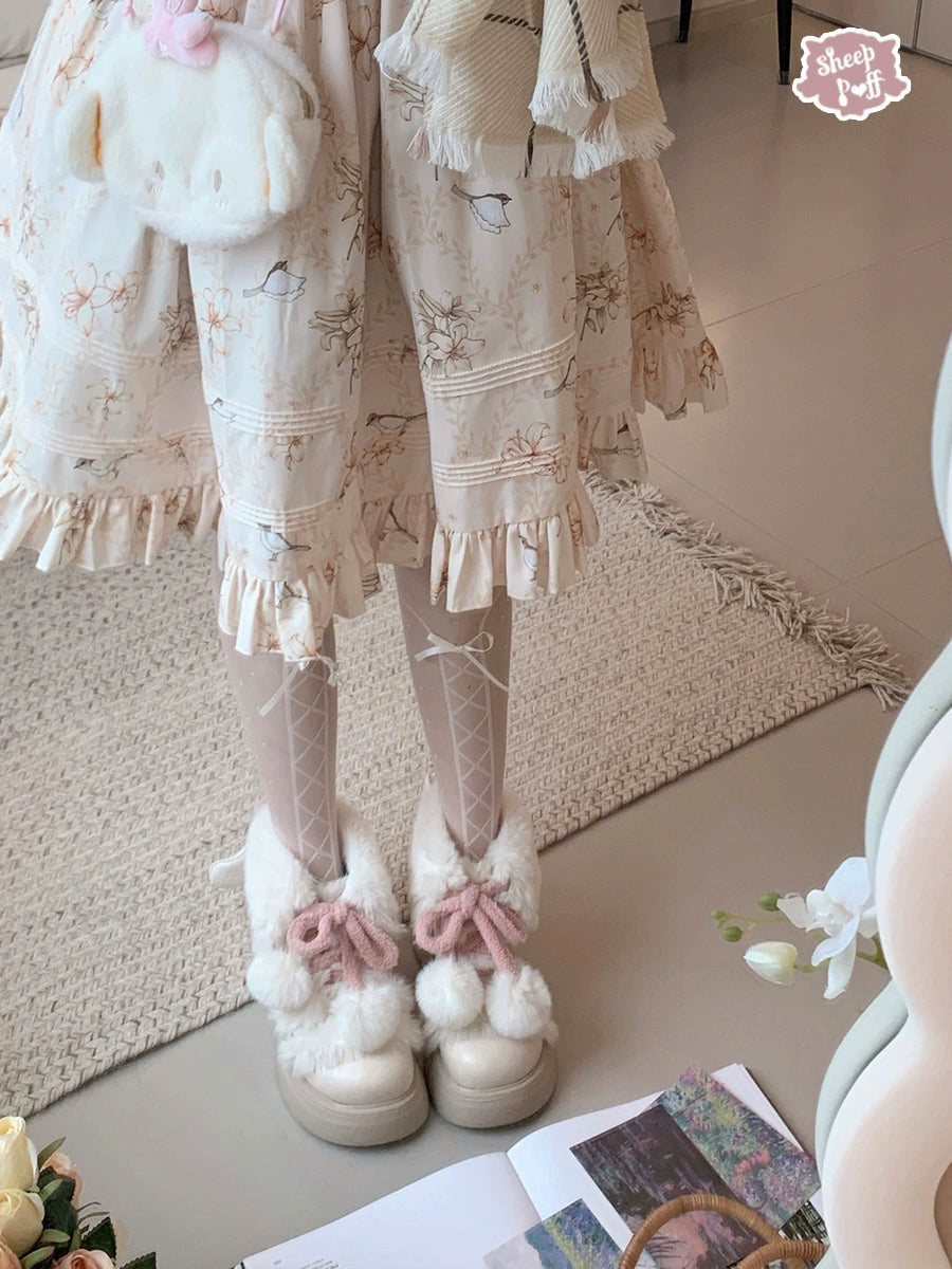Sheep Puff - Fluffy Qubi - Winter Lolita Shoes Sweet Warm Snow Boots with Plush beige 35