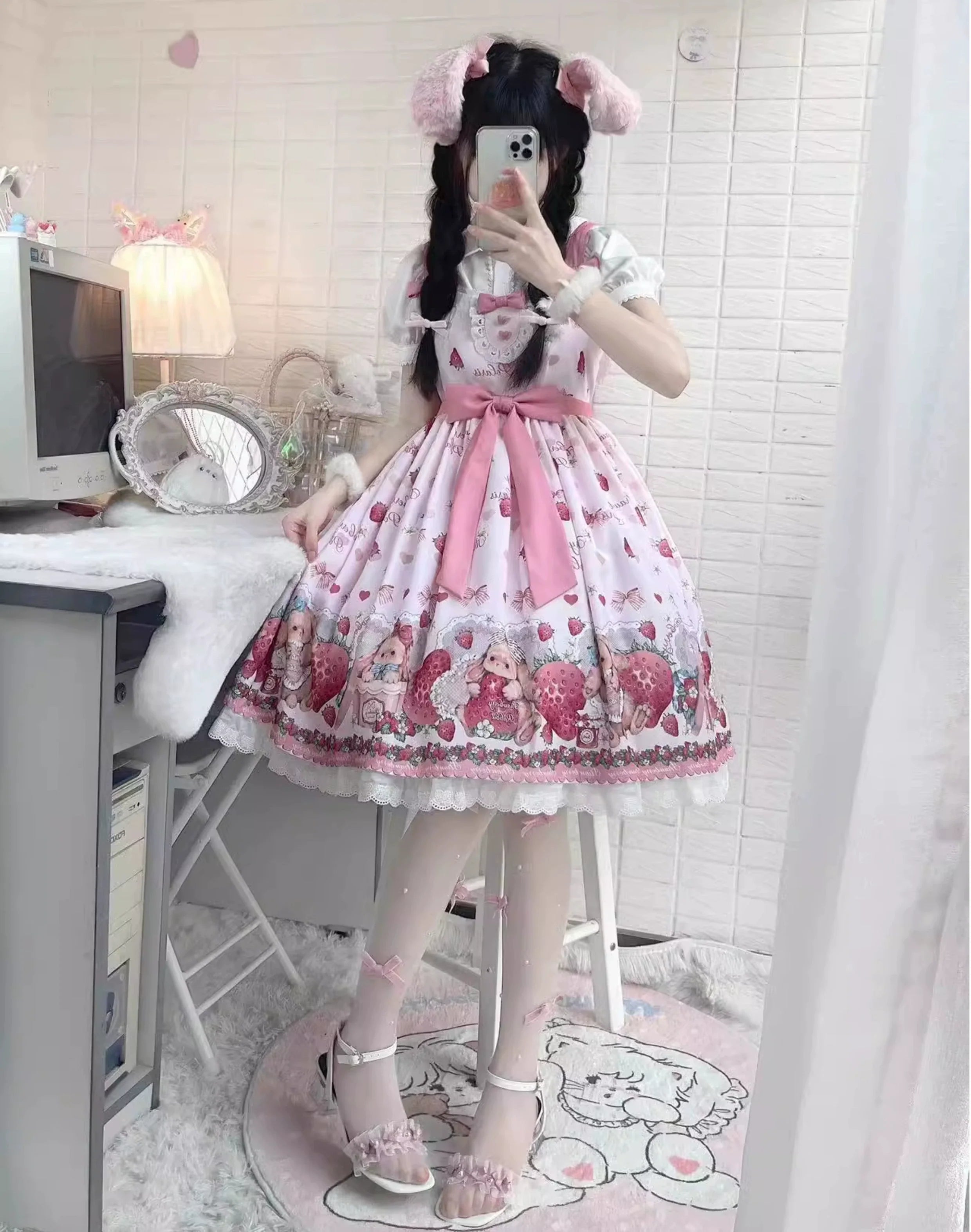 Polaris Lolita - Rabbit Berry Gift Box - Sweet Pink Lolita JSK Dress, Bunny & Straberry Print 44382:806029
