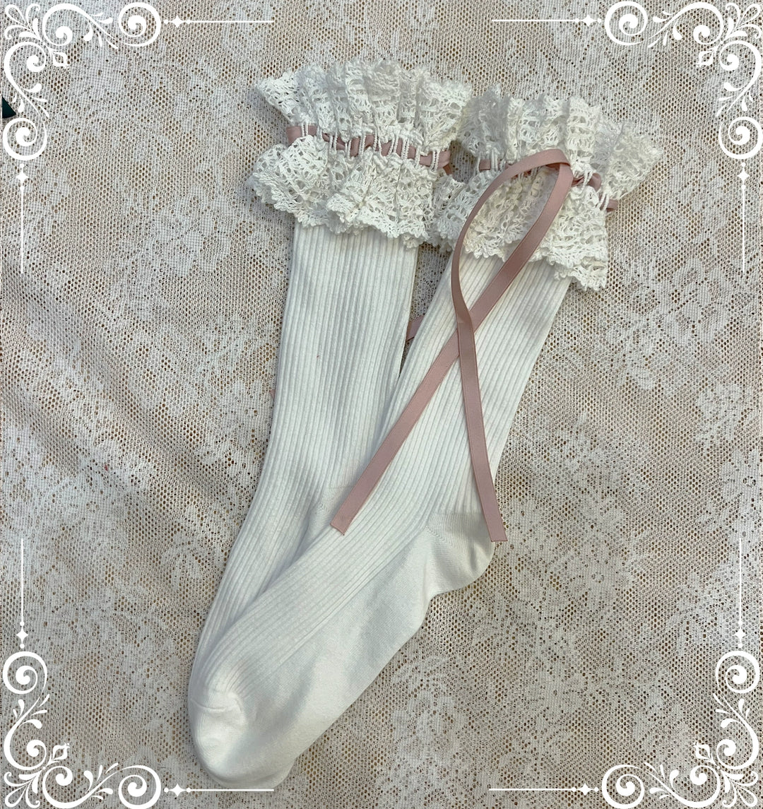 (BFM)Little Bear~Laura's Doll~Sweet Lolita Socks Cotton Short Socks Mid-calf Socks Smoke pink ribbed mid-calf socks  