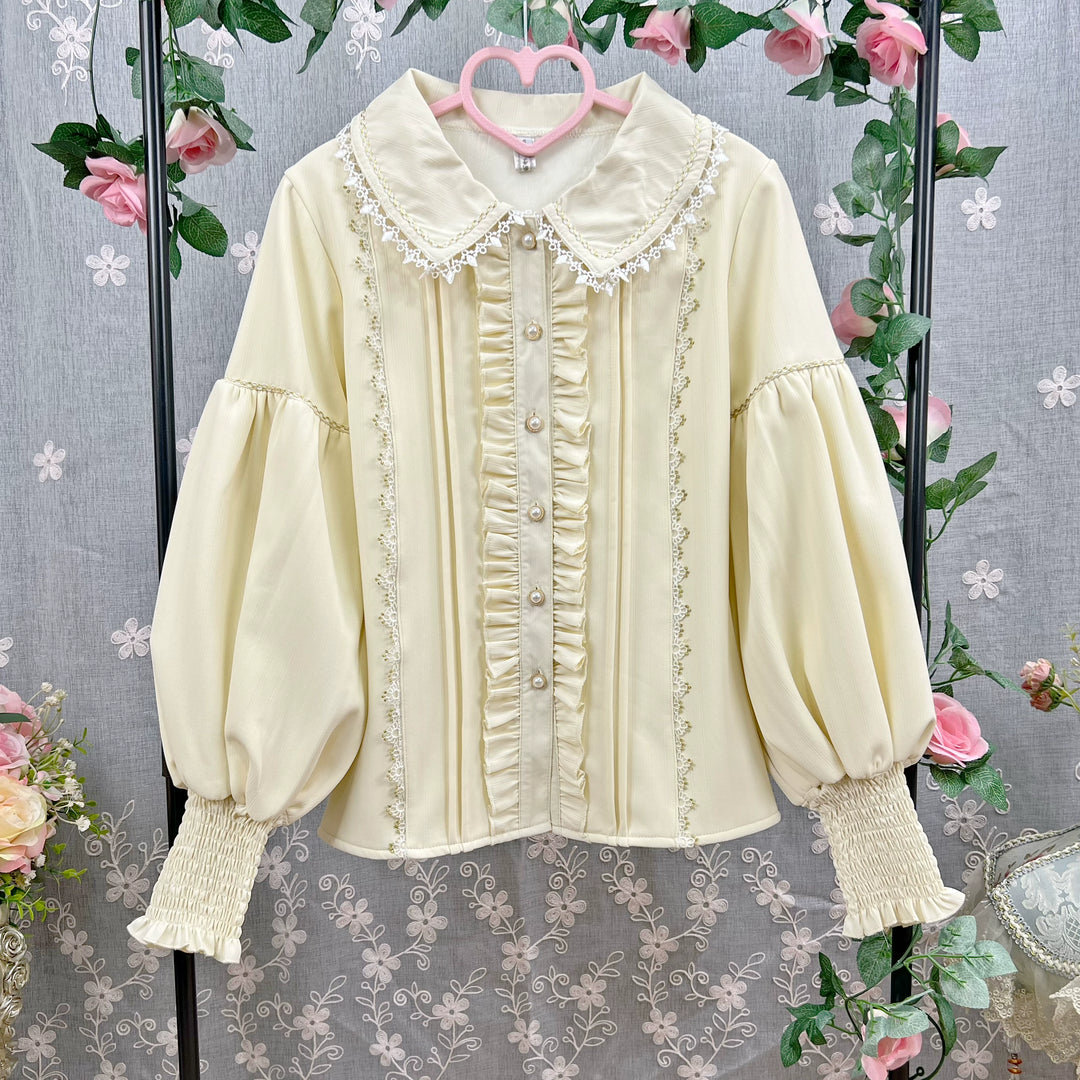 DMFS Lolita~ Sweet Lolita Blouse Vintage Mutton Sleeves Winter Lolita Shirt Apricot (with velvet) S