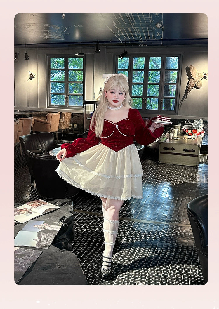 Yingtang~Plus Size Lolita Dress Velvet Long Sleeve XL Red dress 