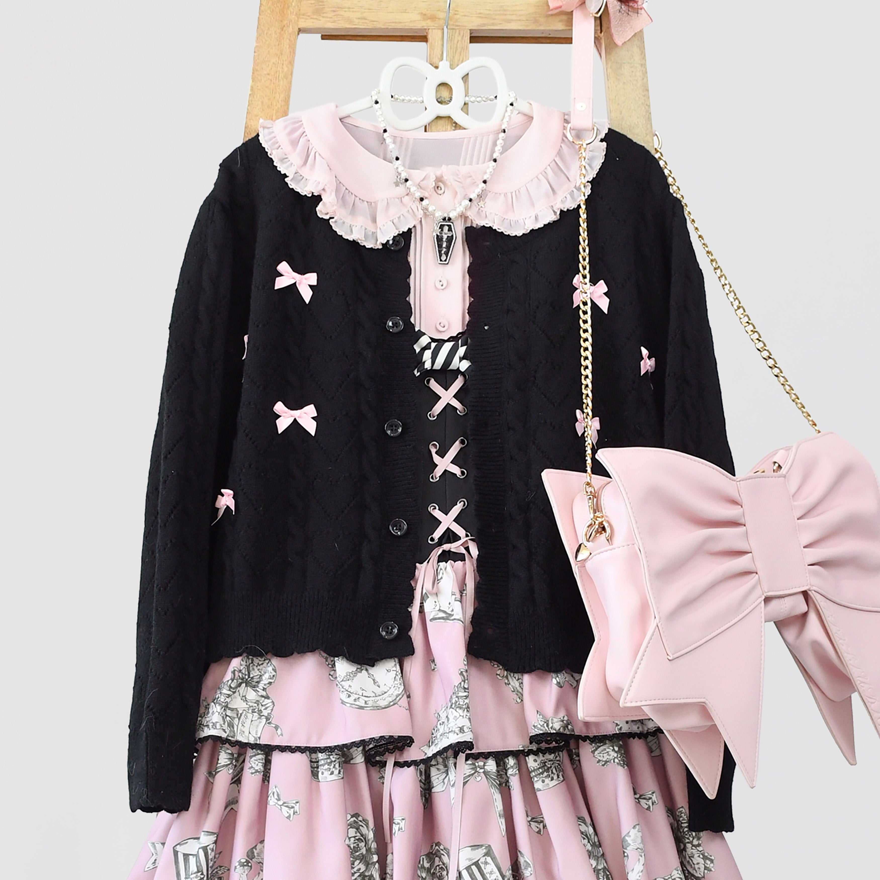 MIST - Hollow Out Long Sleeve Lolita Cardigan Multicolors S black-pink