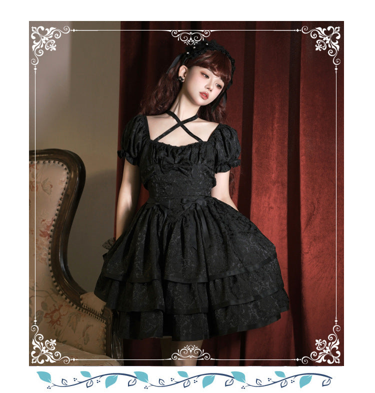 Eieyomi~Thorn Rose~Gothic Lolita Three-layer Ruffle Black OP black S 