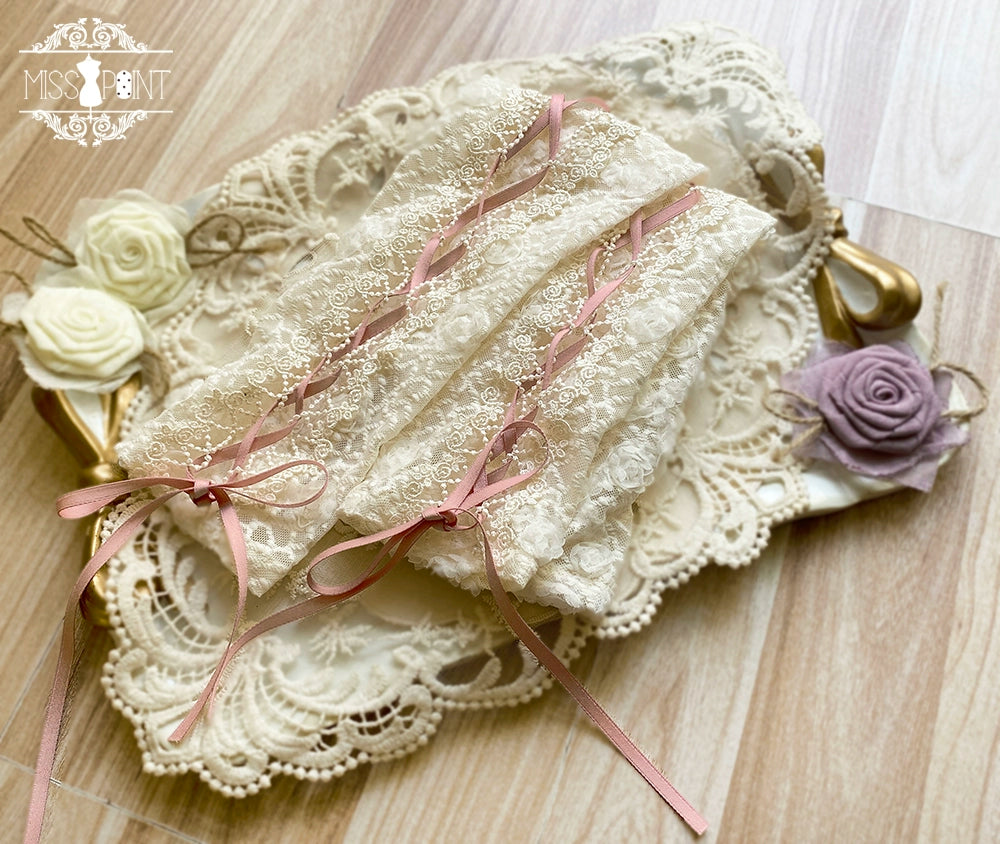 Miss Point - Sweet Lolita Accessories KC Hair Clip Brooch Waistband Cuffs Lace Cuffs - Ivory & Pink