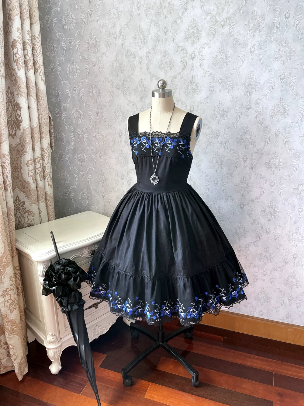 Alice of the Night - Gothic Lolita JSK Cotton Dress, Embroidery & Blue Florals