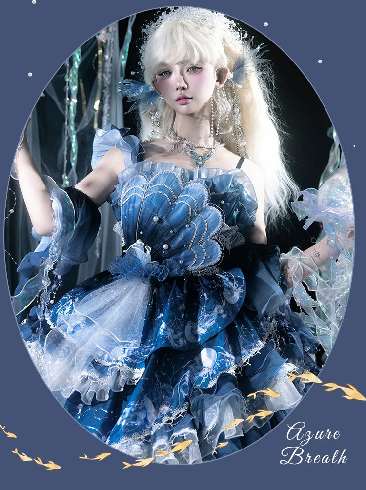 YingLuoFu - Blue Breath Jellyfish - Classic Lolita Jumper Dress, Side Zipper
