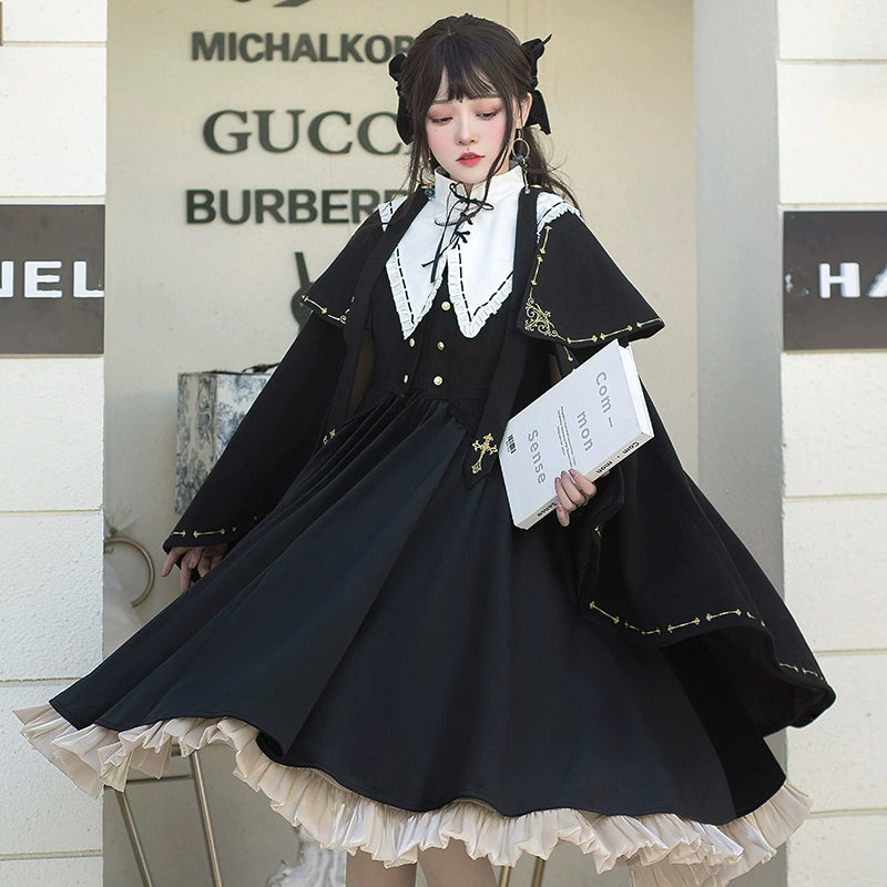 (BFM)YingLuoFu~College Style Lolita Cape Gold Embroidery Cloak Set   