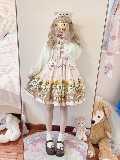 Polaris Lolita~Cat and Sunflower~Sweet Lolita JSK Cat and Sunflower Print Dress and Headdress Set   