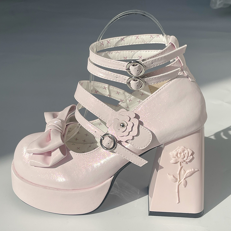 Dreamland - 11 cm Sweet Lolita Shoes with High Platform & Rose Print Heel Light Pink 34