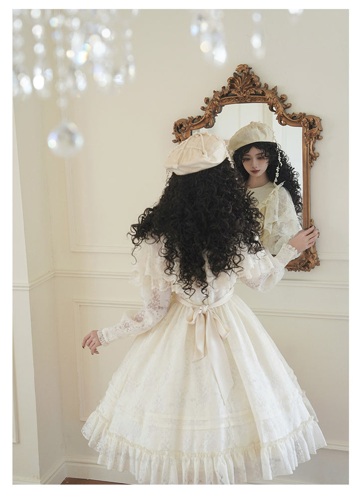 With PUJI~Floral Melody~Ivory Classic Lolita Long Sleeve OP Dress with Layered Bolero