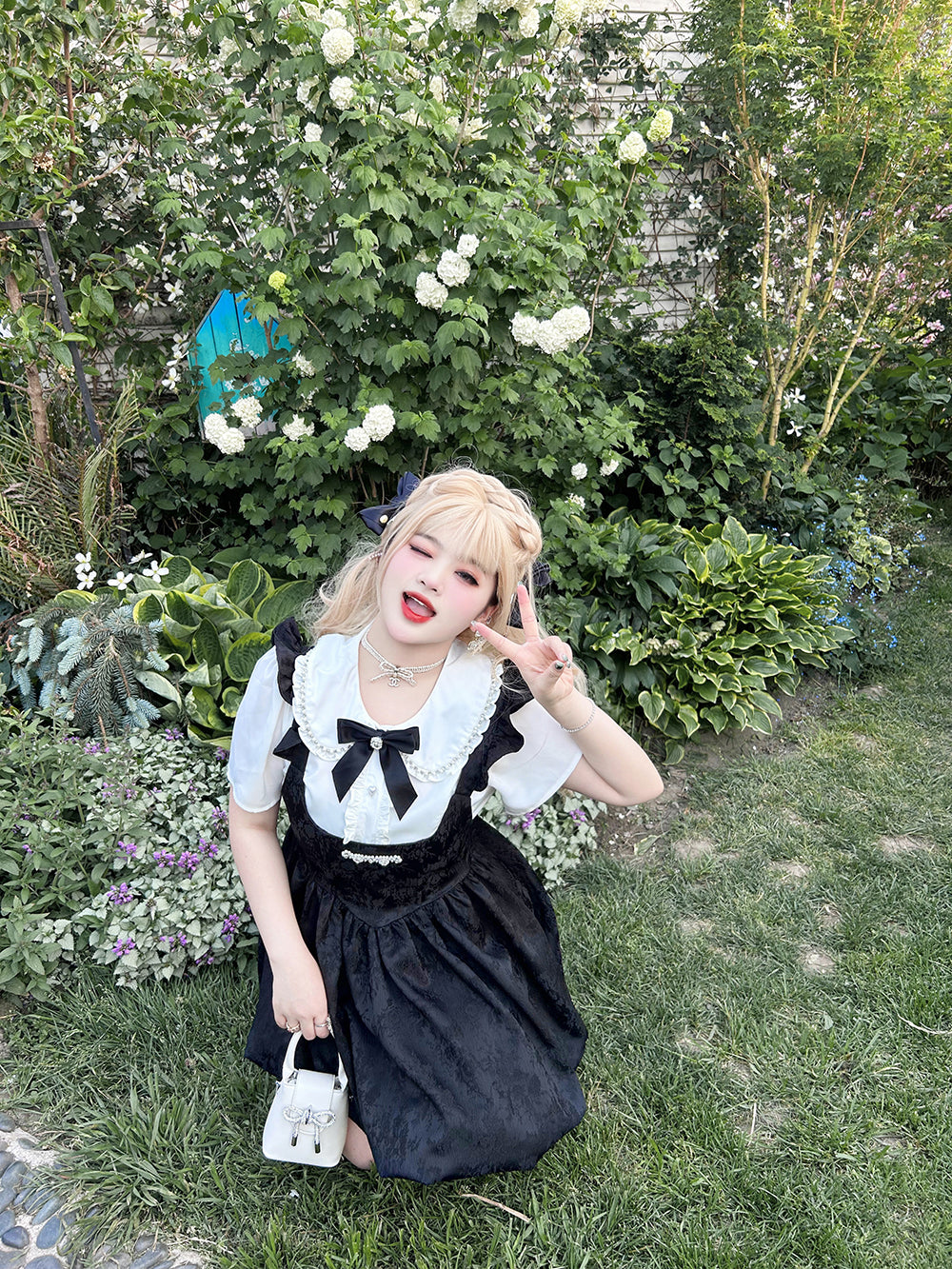 Yingtang~Plus Size Lolita Dress Set Short Sleeve Shirt L pearl heavy French blouse 