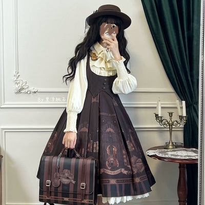 Alice in Wonderland~The Dream of Violin~Retro Lolita Dress Violin Print JSK and OP Dress Set S JSK 