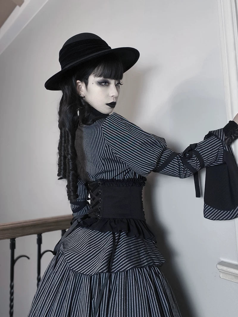 Striped Wednesday - Gothic Lolita Striped Blouse Set, Ruffled Corset 45176:838937