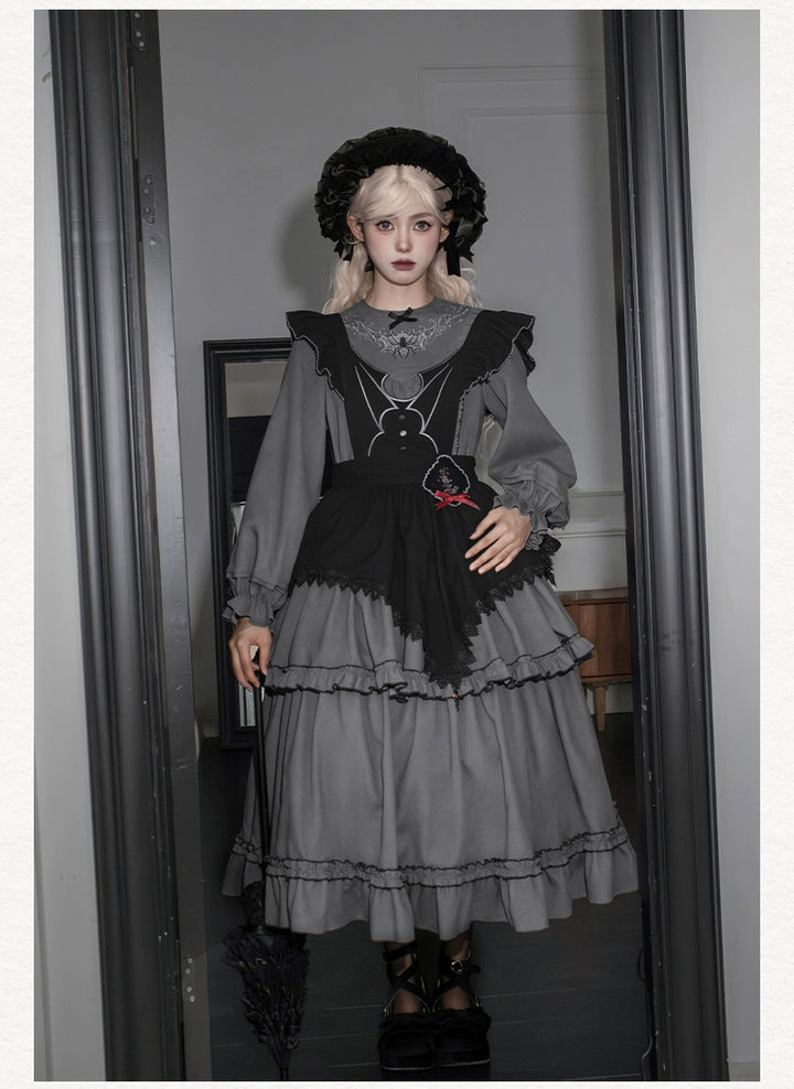 With PUJI~Castle Night~Gothic Twins Lolita OP Three-tiered Embroidery Dress