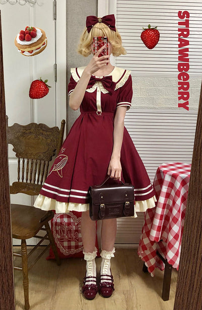 (BFM)Strawberry Witch~Summer Lolita Dress Sailor OP Daily Dress S wine red 