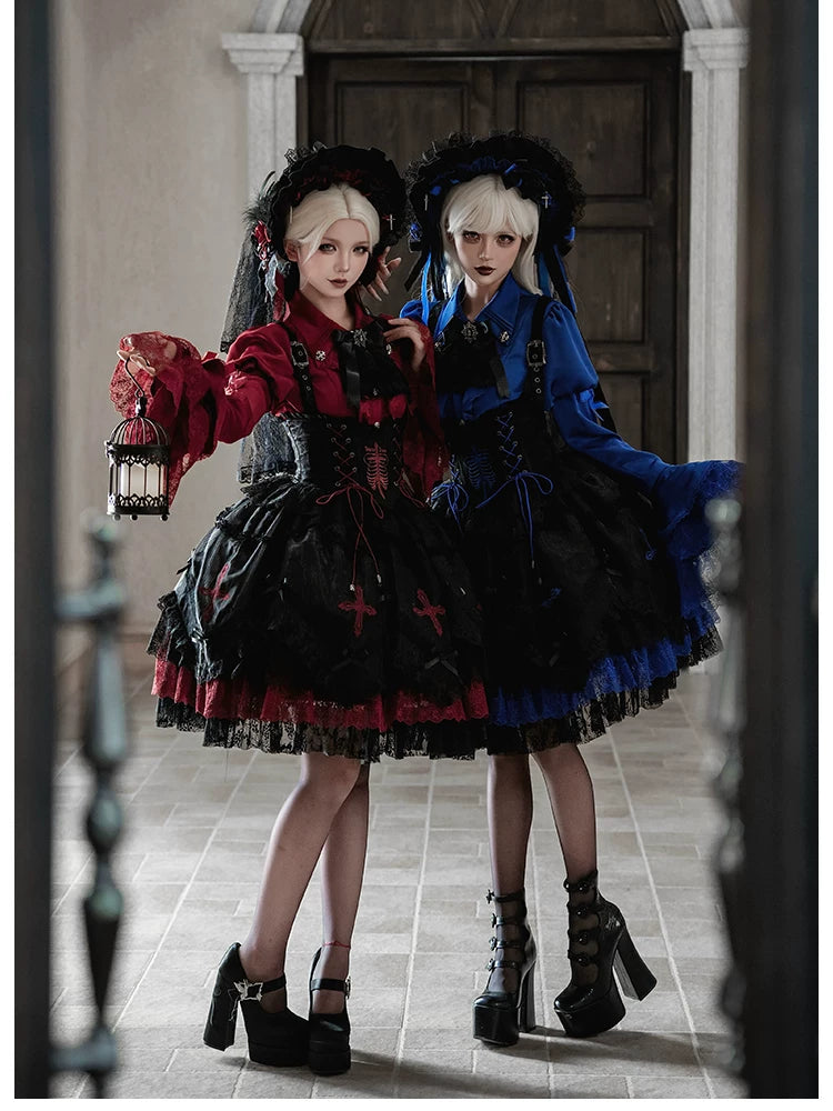 Dark Fog Feast - Gothic Lolita Bust-support Strap Dress, Lace & Cross