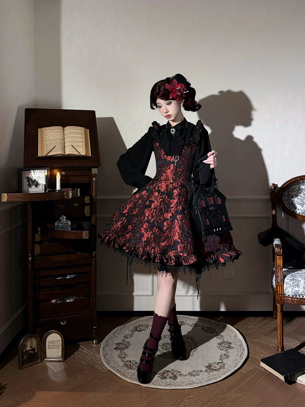 Midnight Lily - Gothic Lolita Lily Jacquard JSK Dress, Drawstring Lift-up Hem 45765:861826