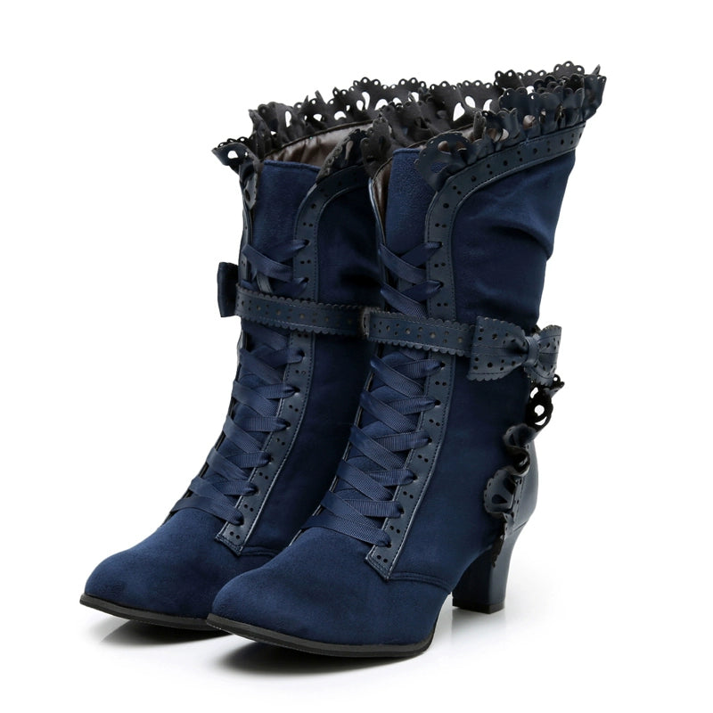 Sosic~Meteorite's Wound~Winter Gothic Lolita Boots Dark Velvet Mid-Calf Heels 40804:676220